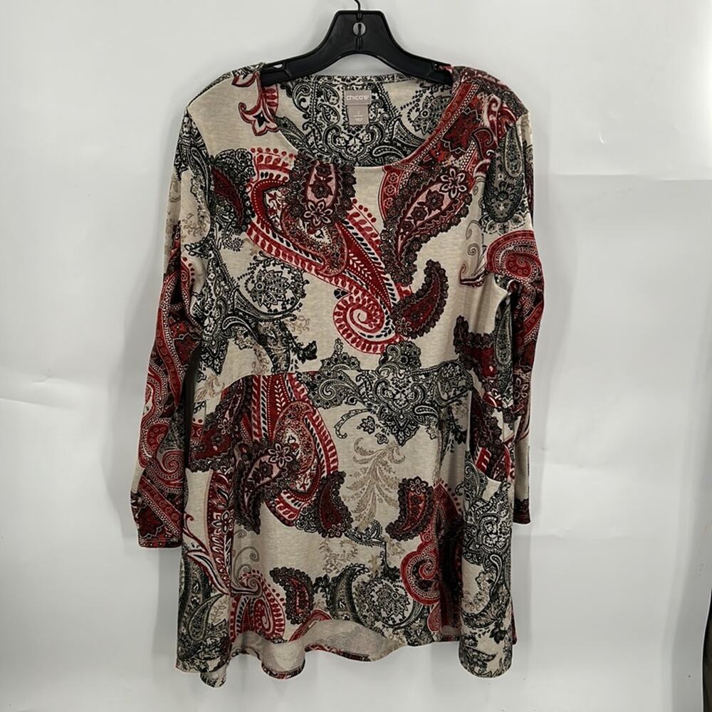 Chico's Women's Orange Black & Beige Print Long Sleeve Pullover Top Size Large